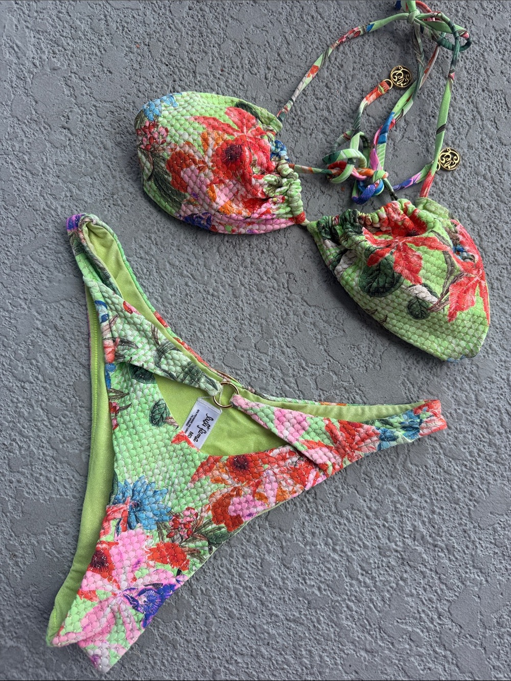 Luli Fama lime green textured floral gold sparkle bikini